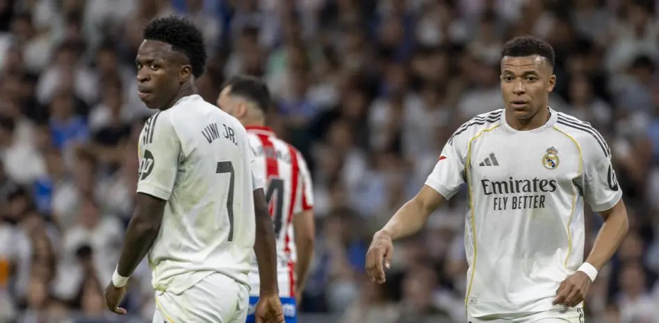 Vinicius and Mbappe Real Madrid dressing room story image showing two Real Madrid players during a match