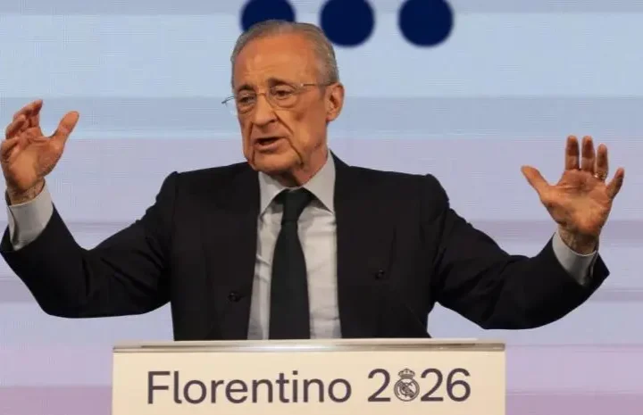 Barca legal action against Florentino Pérez image showing the Real Madrid president speaking at a podium