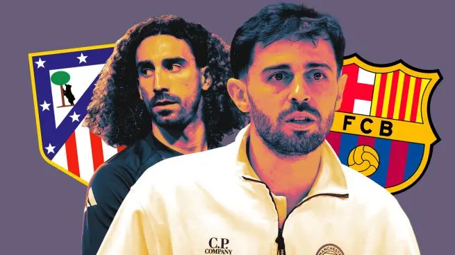 Bernardo Silva to Real Madrid transfer graphic showing two footballers with Barcelona and Atletico Madrid crests in the background