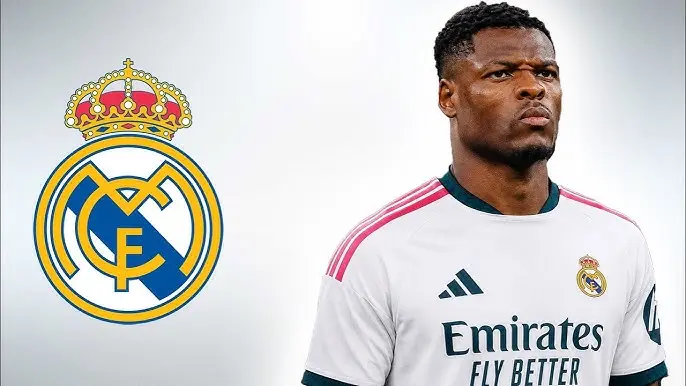 Graphic for Denzel Dumfries Real Madrid transfer news showing a player in a Real Madrid shirt beside the club crest