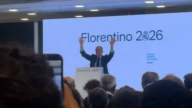 Celebration scene on stage after the Real Madrid presidential election result