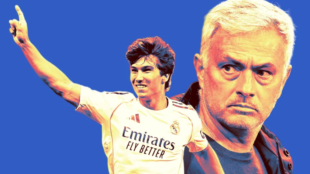 Real Madrid-themed graphic showing a young player and José Mourinho