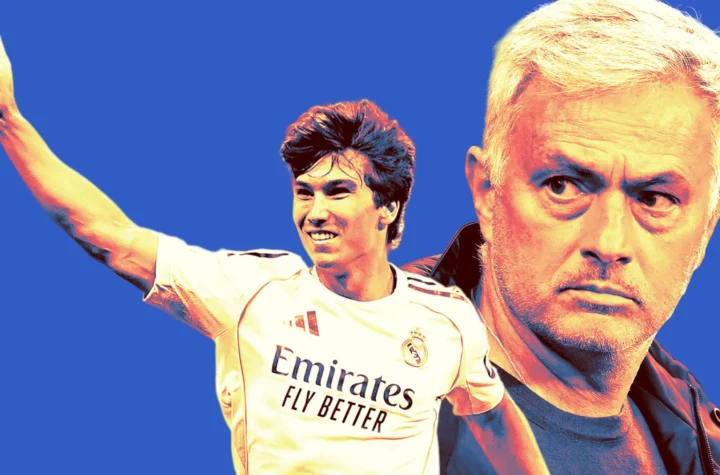 Real Madrid-themed graphic showing a young player and José Mourinho