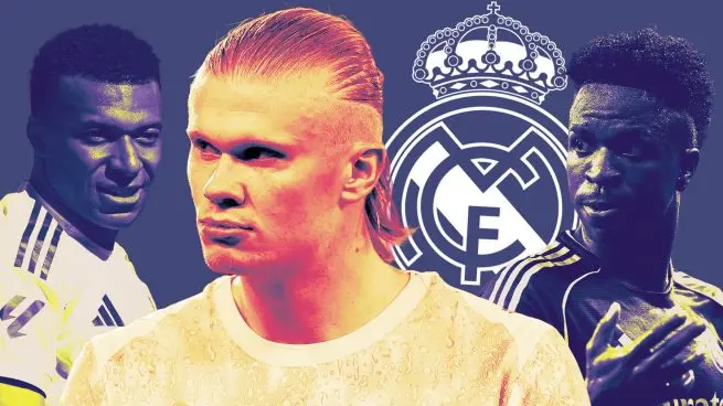 Stylized football graphic with a central striker, two Real Madrid players, and the club crest in the background