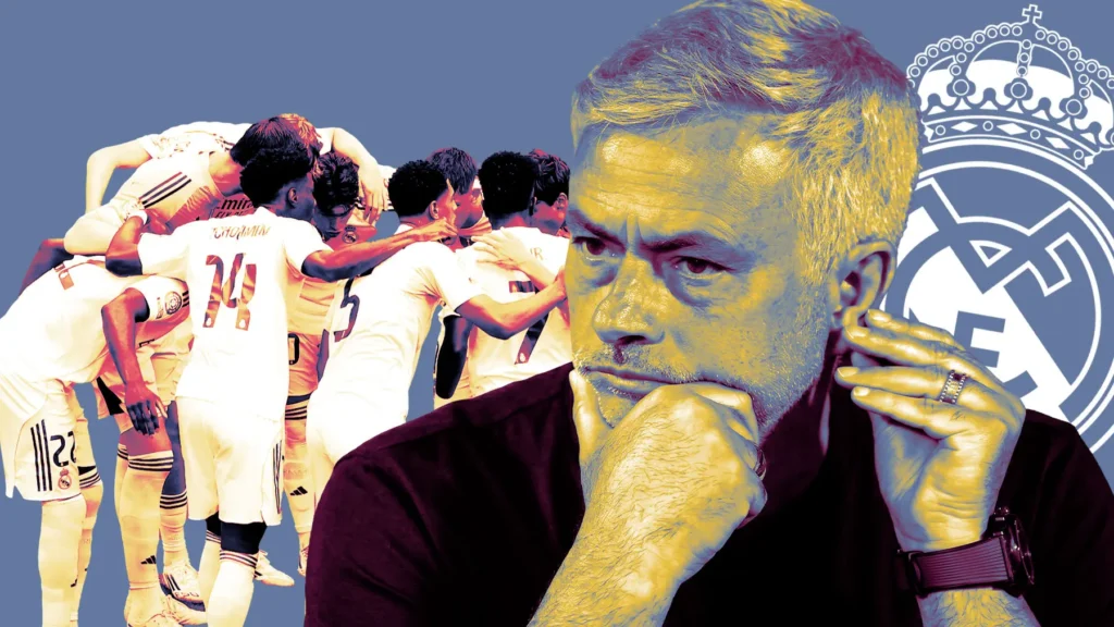 Real Madrid-themed graphic showing a coach figure in the foreground and players in a team huddle