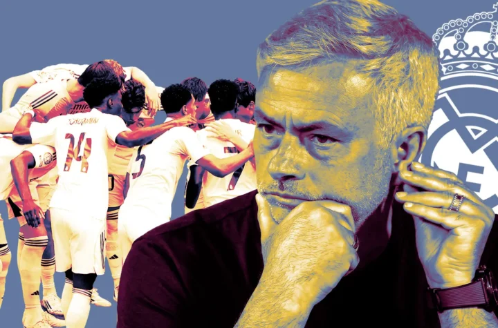 Real Madrid-themed graphic showing a coach figure in the foreground and players in a team huddle
