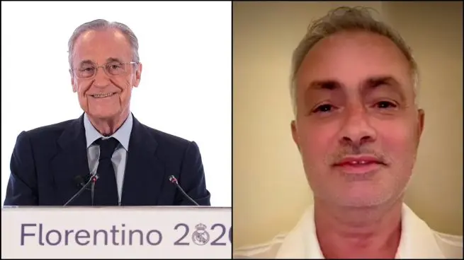 Split-screen image linked to the Jose Mourinho Real Madrid return story after Florentino Perez’s election win
