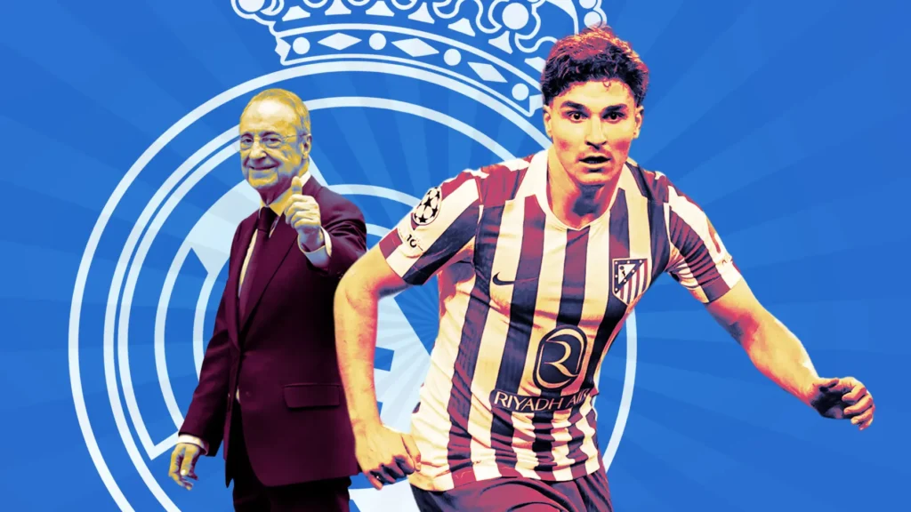 Julián Álvarez to Real Madrid graphic showing a striped-shirt forward, a suited club figure, and the Real Madrid crest in the background
