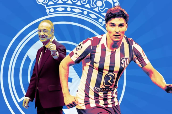 Julián Álvarez to Real Madrid graphic showing a striped-shirt forward, a suited club figure, and the Real Madrid crest in the background