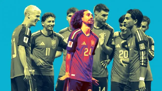 Spain player celebrating with teammates during a World Cup match