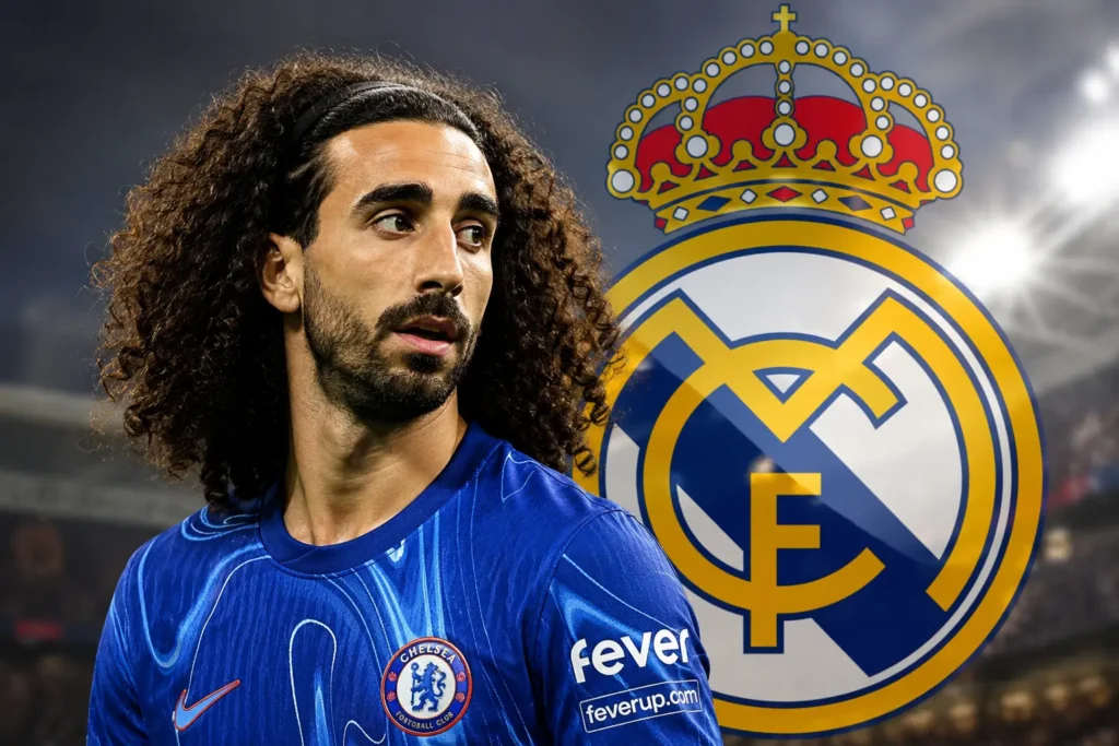 Marc Cucurella in a Chelsea shirt with the Real Madrid crest in the background