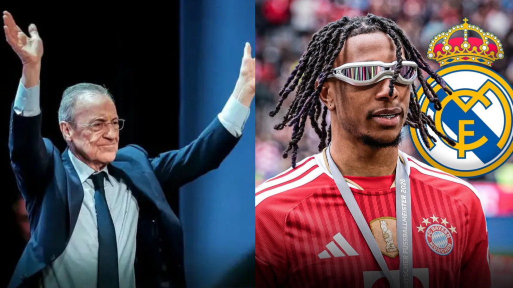 Michael Olise to Real Madrid graphic showing Florentino Pérez beside Bayern star Michael Olise and the Real Madrid crest