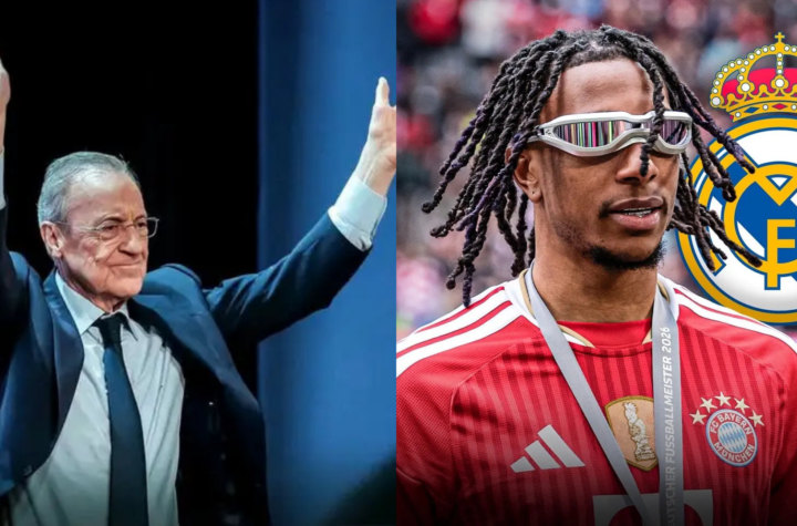 Michael Olise to Real Madrid graphic showing Florentino Pérez beside Bayern star Michael Olise and the Real Madrid crest