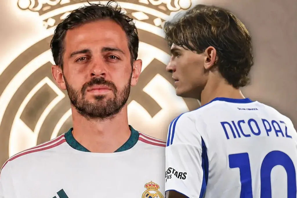 Football graphic with Real Madrid crest, one player in the foreground and another wearing a Nico Paz shirt