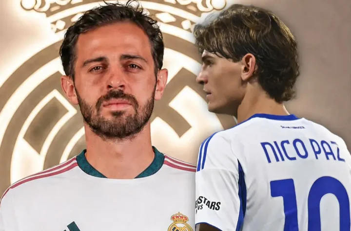 Football graphic with Real Madrid crest, one player in the foreground and another wearing a Nico Paz shirt