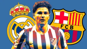 Real Madrid offer for Julián Álvarez graphic showing the Atlético striker between the Real Madrid and Barcelona crests