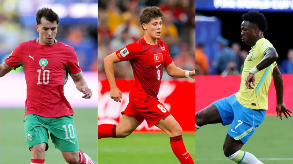 Three national-team players in a split graphic during World Cup action
