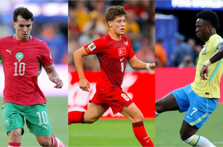 Three national-team players in a split graphic during World Cup action