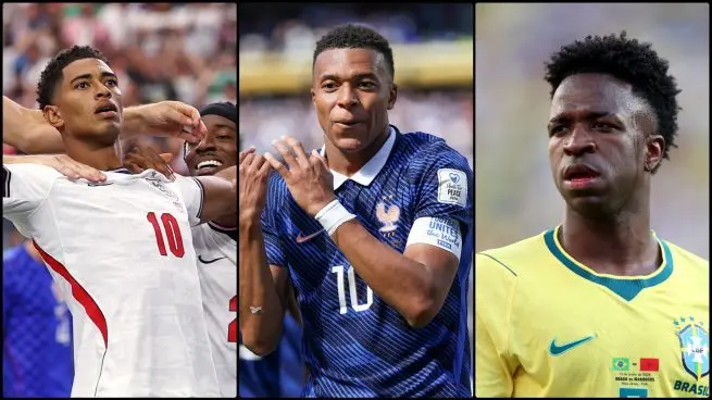 Three footballers in a split graphic wearing national team kits during the World Cup