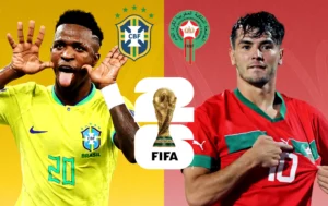 Brazil and Morocco internationals in a World Cup-themed split graphic.