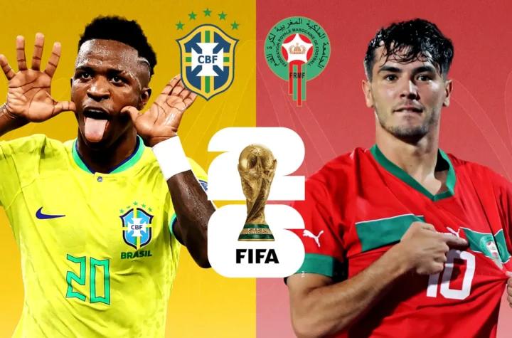 Brazil and Morocco internationals in a World Cup-themed split graphic.