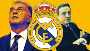 Real Madrid takes Negreira case to UEFA graphic with club crest and two suited figures
