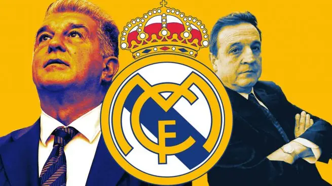 Real Madrid takes Negreira case to UEFA graphic with club crest and two suited figures