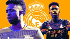 Vinicius contract renewal graphic with two stylized football portraits and the Real Madrid crest on an orange background