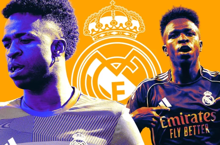Vinicius contract renewal graphic with two stylized football portraits and the Real Madrid crest on an orange background