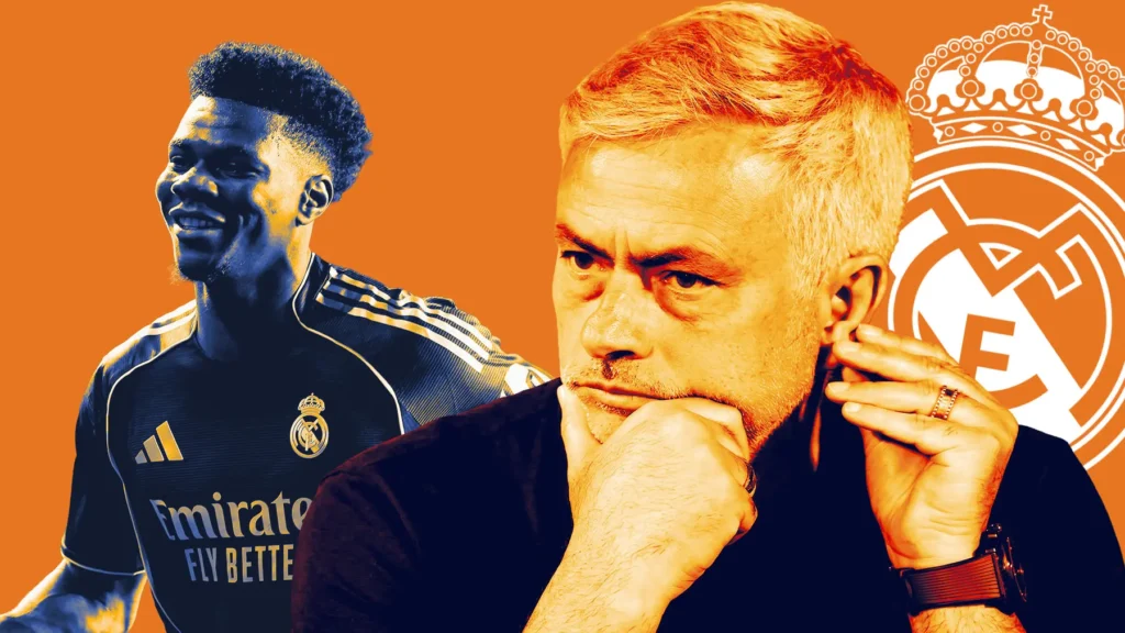 Aurelien Tchouameni Real Madrid contract graphic showing Tchouameni, Jose Mourinho and the Real Madrid crest