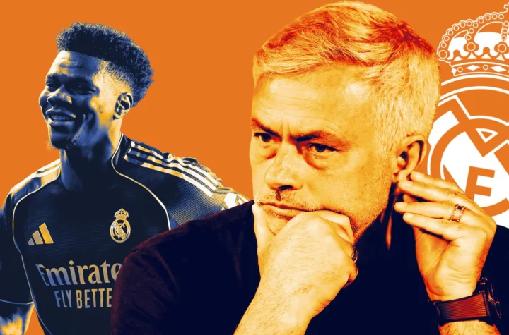 Aurelien Tchouameni Real Madrid contract graphic showing Tchouameni, Jose Mourinho and the Real Madrid crest
