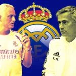 Jose Mourinho at Valdebebas story graphic featuring the Real Madrid coach in a stylized montage with the club crest