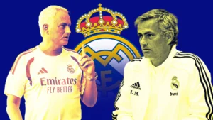 Jose Mourinho at Valdebebas story graphic featuring the Real Madrid coach in a stylized montage with the club crest