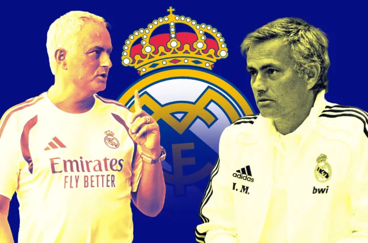 Jose Mourinho at Valdebebas story graphic featuring the Real Madrid coach in a stylized montage with the club crest