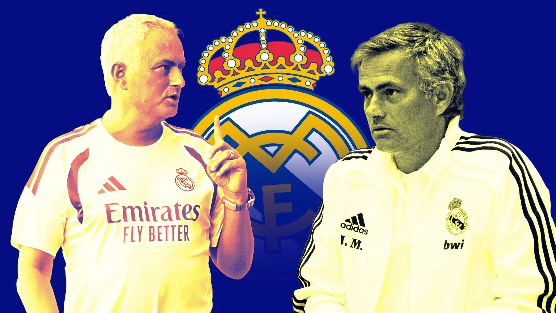 Jose Mourinho at Valdebebas story graphic featuring the Real Madrid coach in a stylized montage with the club crest