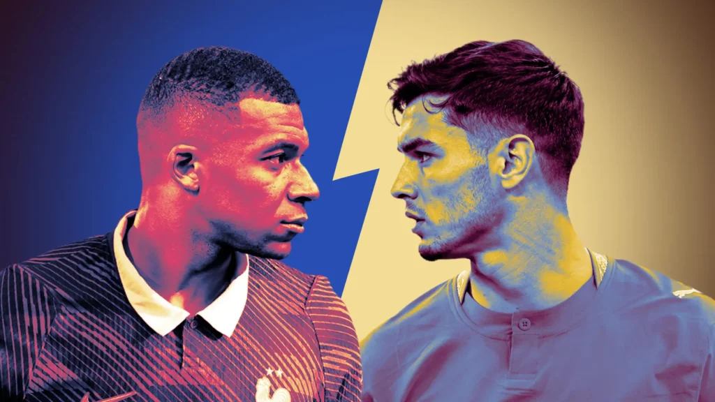 Stylized face-off graphic for Mbappe vs Brahim Diaz with two footballers facing each other before a Real Madrid-linked World Cup clash