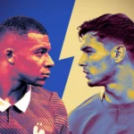 Stylized face-off graphic for Mbappe vs Brahim Diaz with two footballers facing each other before a Real Madrid-linked World Cup clash