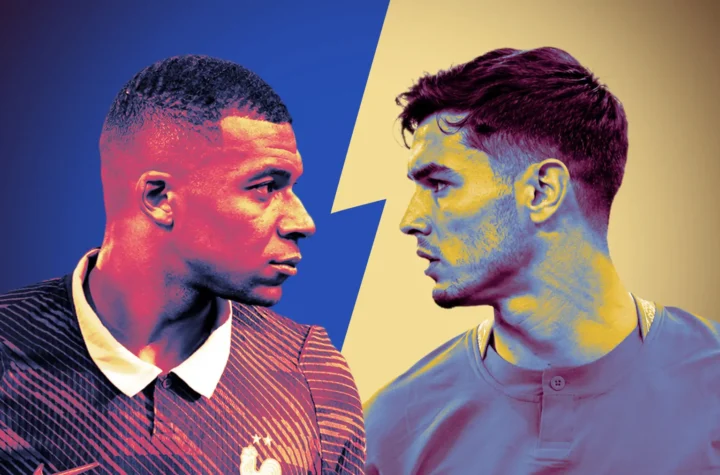 Stylized face-off graphic for Mbappe vs Brahim Diaz with two footballers facing each other before a Real Madrid-linked World Cup clash