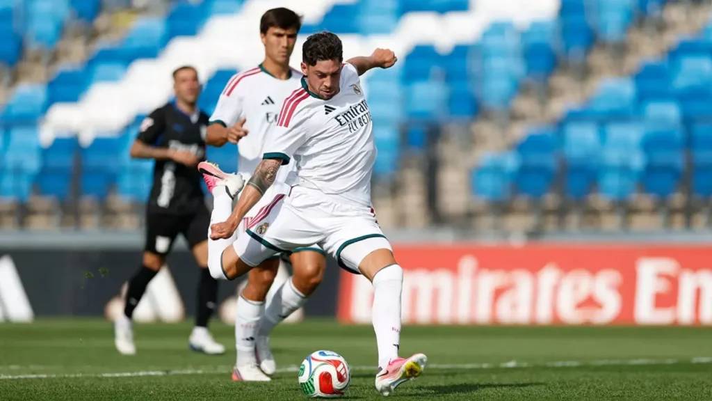 Real Madrid vs Fiorentina live stream featured image showing a Real Madrid player striking the ball during the preseason friendly