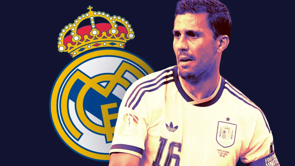 Rodri Real Madrid transfer featured graphic showing a Spain midfielder beside the Real Madrid crest