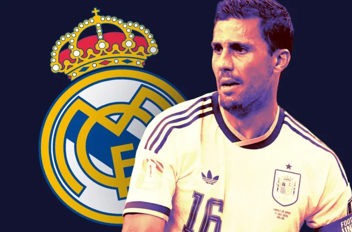 Rodri Real Madrid transfer featured graphic showing a Spain midfielder beside the Real Madrid crest