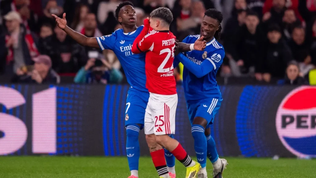 UEFA Vinicius law decision image showing a match confrontation involving Real Madrid players