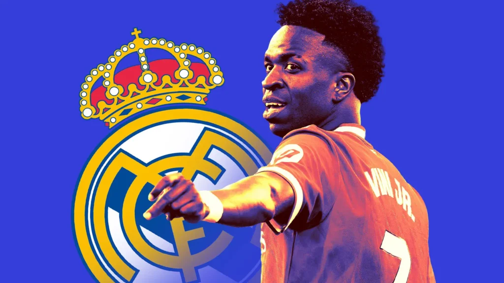 Vinicius Jr Real Madrid future graphic with the Real Madrid crest and a player pointing