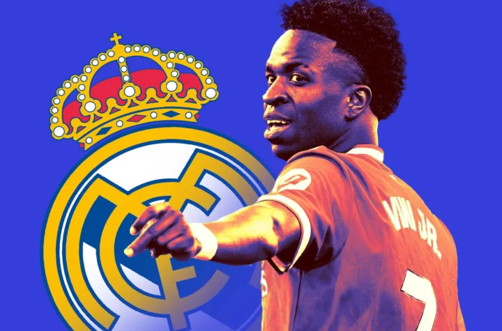 Vinicius Jr Real Madrid future graphic with the Real Madrid crest and a player pointing
