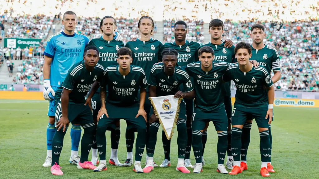 Real Madrid players pose for the team photo before Ferencvaros vs Real Madrid in a preseason friendly in Budapest.