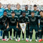 Real Madrid players pose for the team photo before Ferencvaros vs Real Madrid in a preseason friendly in Budapest.