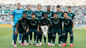 Real Madrid players pose for the team photo before Ferencvaros vs Real Madrid in a preseason friendly in Budapest.