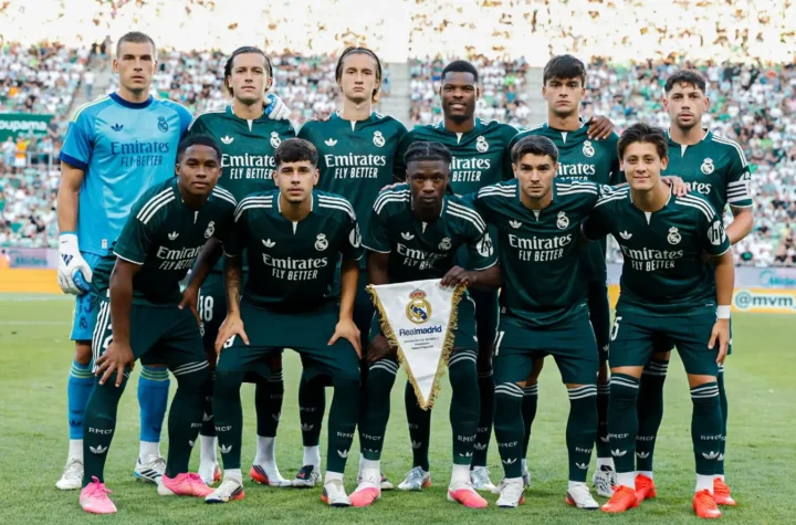 Real Madrid players pose for the team photo before Ferencvaros vs Real Madrid in a preseason friendly in Budapest.