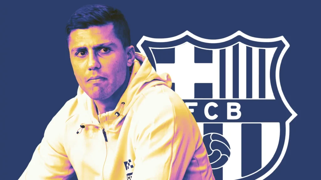 Editorial graphic for the Rodri Barcelona transfer showing a midfielder beside the Barcelona crest.