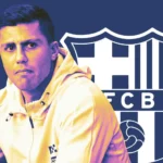 Editorial graphic for the Rodri Barcelona transfer showing a midfielder beside the Barcelona crest.